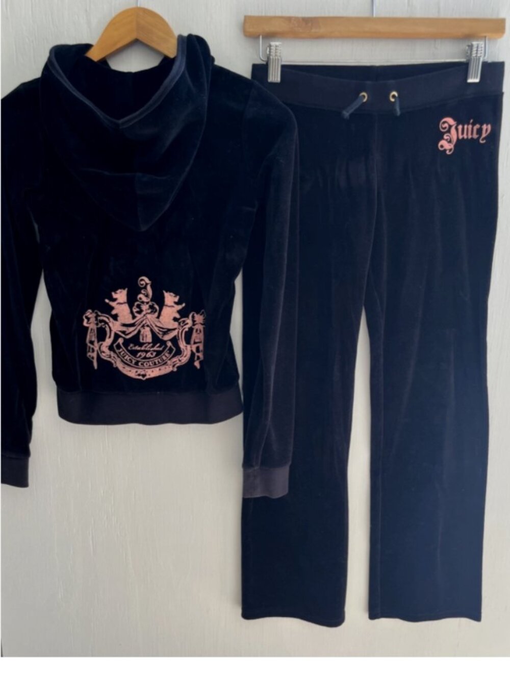 JUICY COUTURE Y2K Vtg 2 Piece Black Velour Tracksuit Set Pink Logo GIRL Size XL